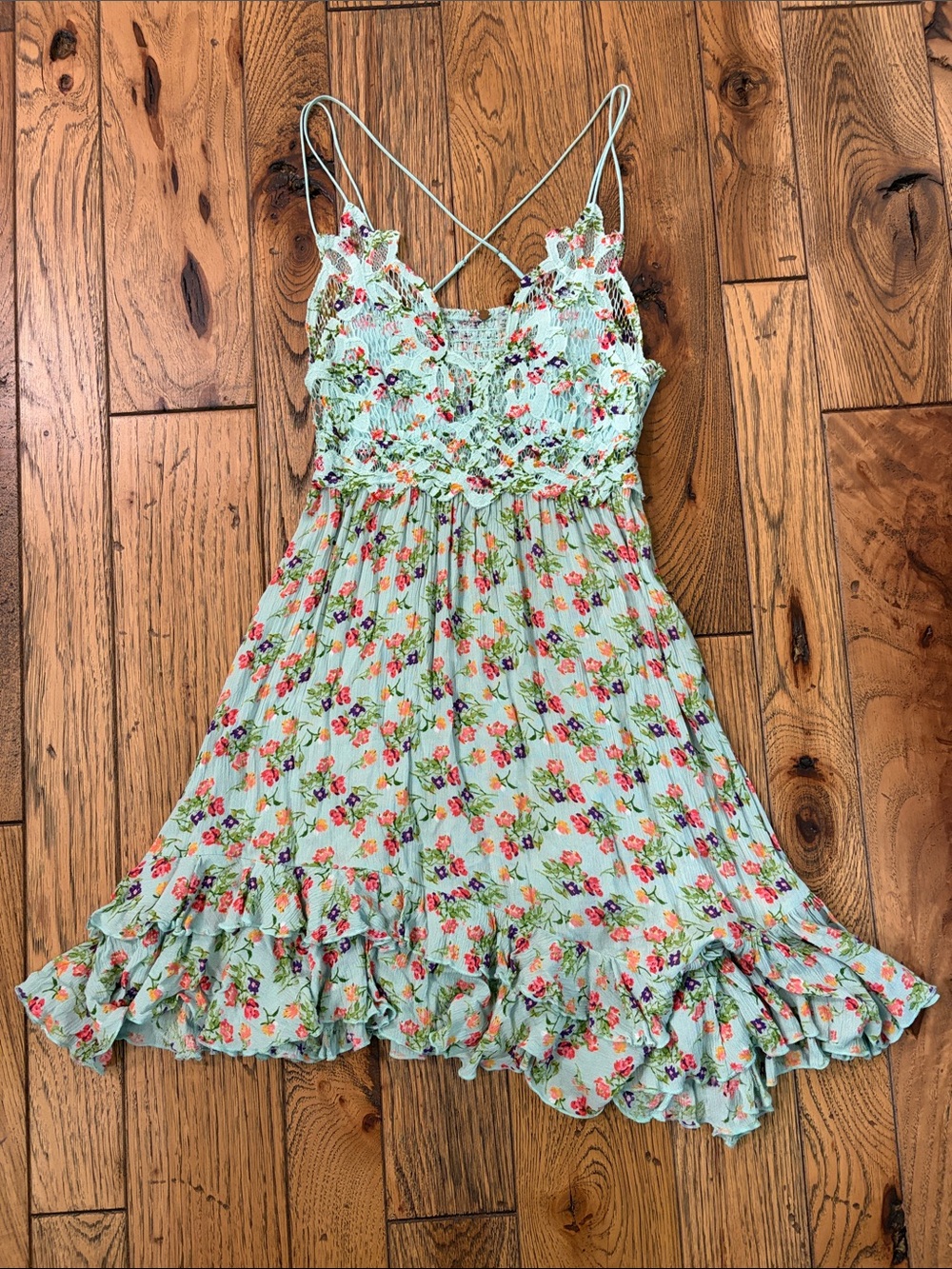 Free People FP One Adella Slip Dress size S Teal and Floral. Boho Crocheted Lace